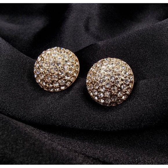 Vintage 1980s CAROLEE Signed Crystal Rhinestone Dome Earrings Gold-Tone - Picture 1 of 6